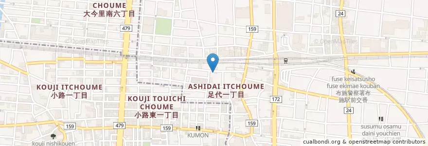 Mapa de ubicacion de 東大阪足代郵便局 en Japan, Präfektur Osaka, 東大阪市.