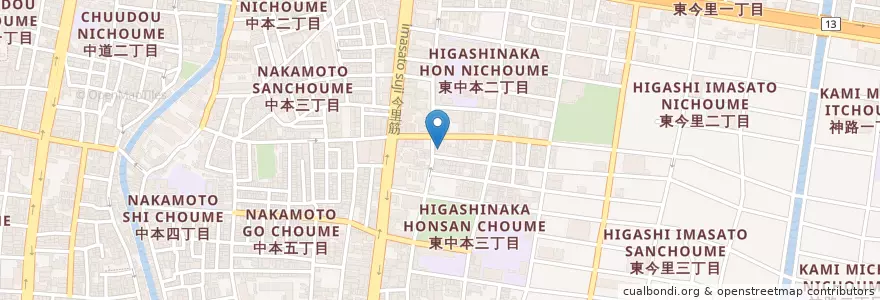Mapa de ubicacion de 東成中本郵便局 en Jepun, 大阪府, 大阪市, 東成区.