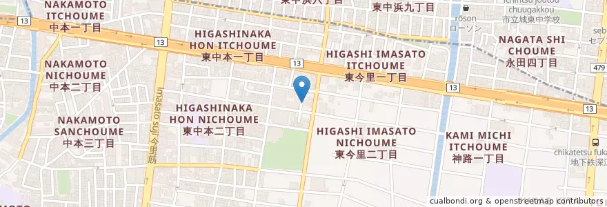 Mapa de ubicacion de 東成東中本郵便局 en Japonya, 大阪府, 大阪市, 東成区.