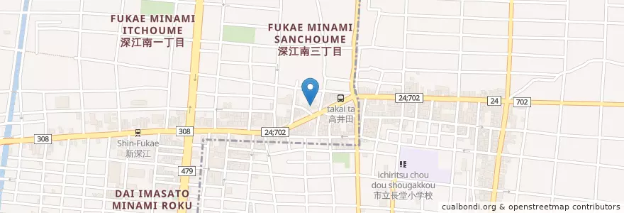 Mapa de ubicacion de 東成深江南郵便局 en Japão, 大阪府, 東大阪市, 大阪市.