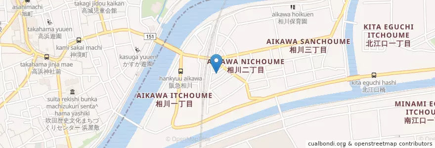 Mapa de ubicacion de 東淀川相川郵便局 en Jepun, 大阪府, 吹田市, 東淀川区.