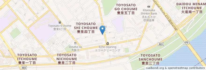 Mapa de ubicacion de 東淀川豊里郵便局 en Japan, Osaka Prefecture, Osaka, Higashiyodogawa Ward, Asahi Ward.