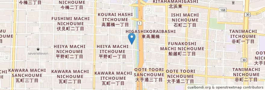 Mapa de ubicacion de 東警察署平野町交番 en اليابان, أوساكا, أوساكا, 中央区.