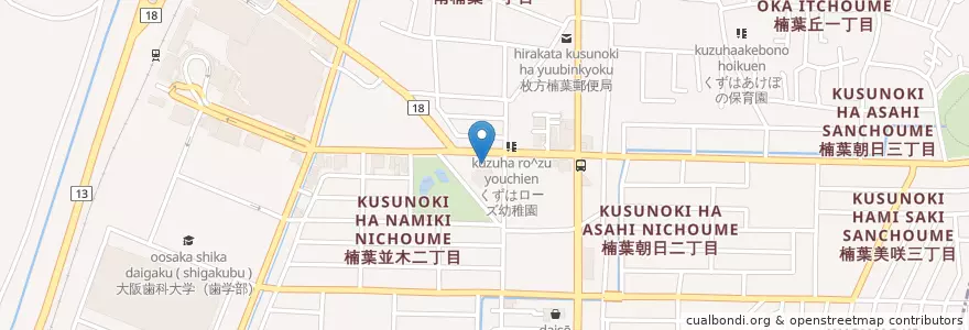 Mapa de ubicacion de 枚方寝屋川消防組合枚方東消防署楠葉出張所 en Japon, Préfecture D'Osaka, Hirakata.