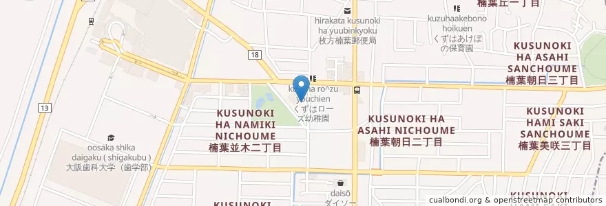 Mapa de ubicacion de 枚方市立楠葉図書館 en ژاپن, 大阪府, 枚方市.