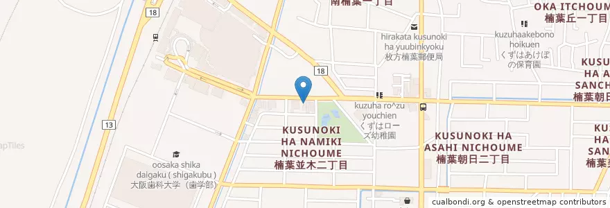 Mapa de ubicacion de 枚方楠葉並木郵便局 en Japão, 大阪府, 枚方市.