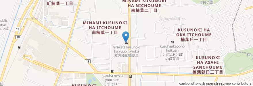 Mapa de ubicacion de 枚方楠葉郵便局 en ژاپن, 大阪府, 枚方市.