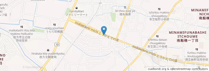 Mapa de ubicacion de 枚方養父郵便局 en Japão, 大阪府, 枚方市.