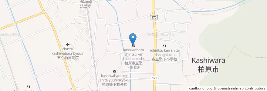 Mapa de ubicacion de 柏原市立堅下保育所 en 日本, 大阪府, 柏原市.