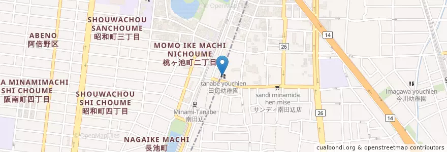 Mapa de ubicacion de 田辺幼稚園 en Japan, Osaka Prefecture, Osaka, Higashisumiyoshi Ward.