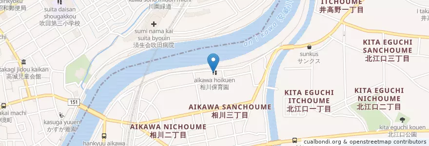 Mapa de ubicacion de 相川保育園 en Jepun, 大阪府, 吹田市, 東淀川区.