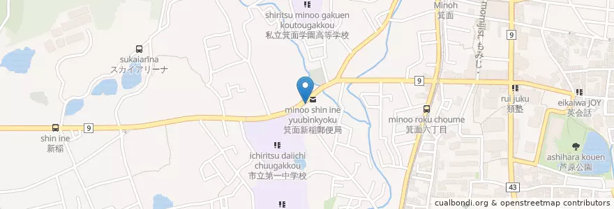 Mapa de ubicacion de 箕面新稲郵便局 en Japón, Prefectura De Osaka, 箕面市.
