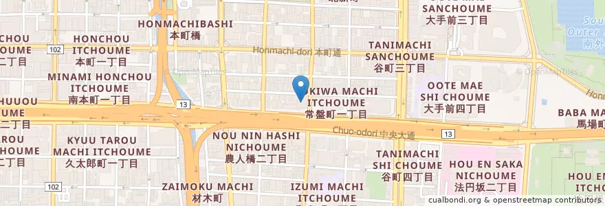 Mapa de ubicacion de 自動車事故対策機構大阪主管支所 en 일본, 오사카부, 오사카, 中央区.