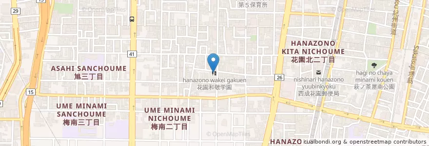 Mapa de ubicacion de 花園和敬学園 en 日本, 大阪府, 大阪市, 西成区.
