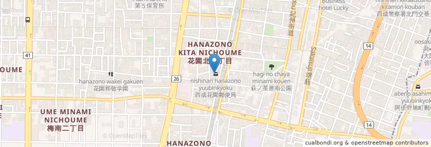 Mapa de ubicacion de 西成花園郵便局 en 일본, 오사카부, 오사카, 西成区.