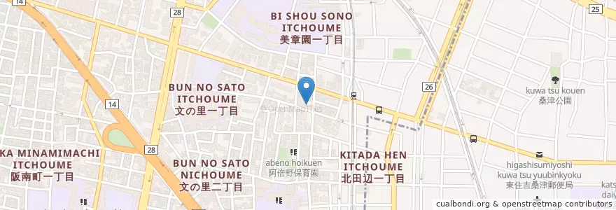 Mapa de ubicacion de 阿倍野美章園郵便局 en 일본, 오사카부, 오사카, 阿倍野区.