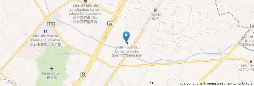 Mapa de ubicacion de 高石市立加茂保育所 en 일본, 오사카부, 高石市.