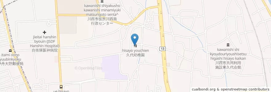 Mapa de ubicacion de 久代幼稚園 en Japão, 兵庫県, 川西市, 伊丹市.