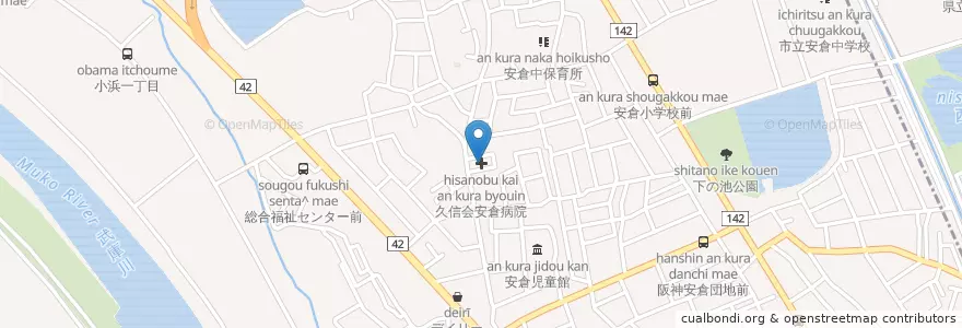 Mapa de ubicacion de 久信会安倉病院 en اليابان, 兵庫県, 宝塚市.