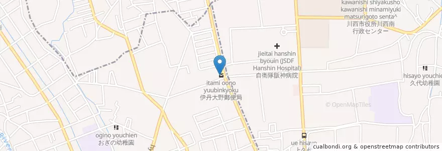 Mapa de ubicacion de 伊丹大野郵便局 en ژاپن, 兵庫県, 伊丹市.