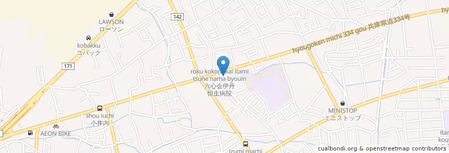 Mapa de ubicacion de 伊丹昆陽郵便局 en Japan, 兵庫県, 伊丹市.