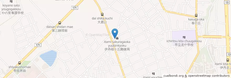 Mapa de ubicacion de 伊丹桜ケ丘郵便局 en 日本, 兵庫県, 伊丹市.