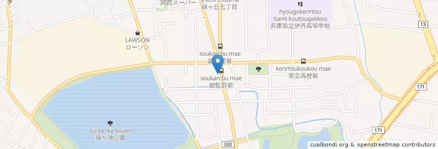 Mapa de ubicacion de 伊丹緑ケ丘郵便局 en Japão, 兵庫県, 伊丹市.