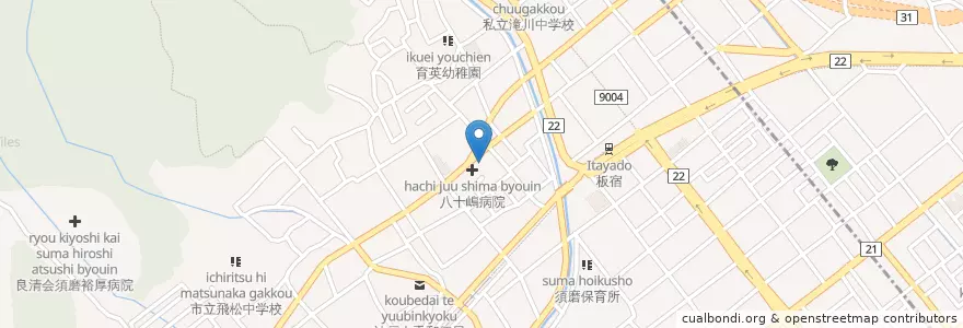 Mapa de ubicacion de 八十嶋病院 en Jepun, 兵庫県, 神戸市, 須磨区.