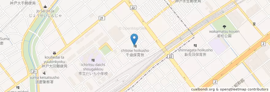 Mapa de ubicacion de 千歳保育所 en 日本, 兵库县/兵庫縣, 神户市, 須磨区, 長田区.