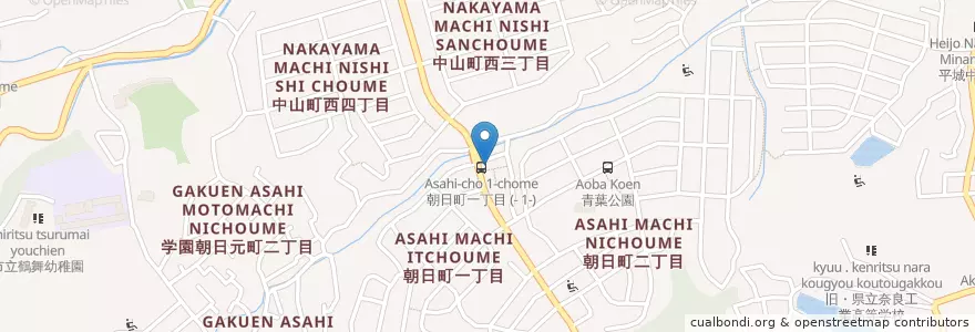 Mapa de ubicacion de 奈良朝日郵便局 en 일본, 나라현, 나라시.