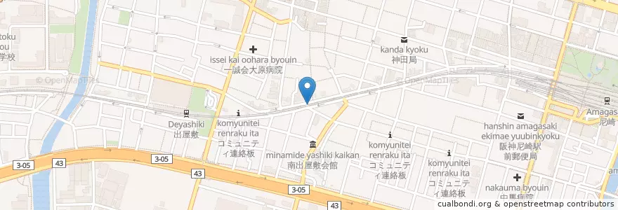 Mapa de ubicacion de 尼崎出屋敷郵便局 en Japan, Hyogo Prefecture, Amagasaki.