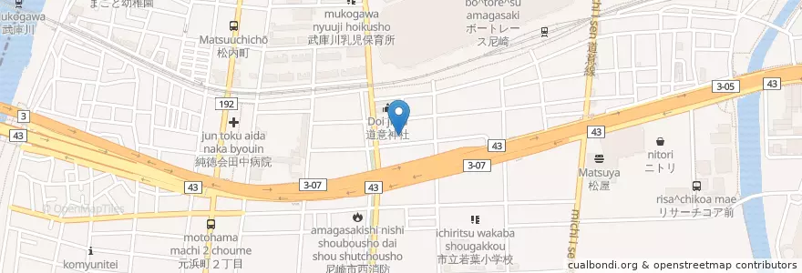 Mapa de ubicacion de 尼崎市立道意保育所 en Japonya, 兵庫県, 尼崎市.
