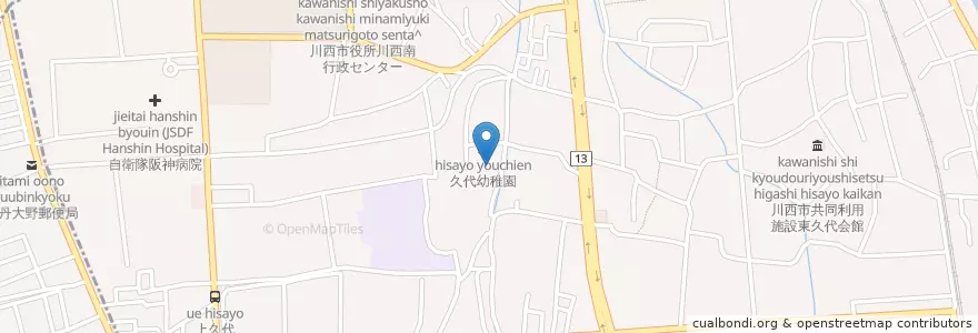 Mapa de ubicacion de 川西南保育所 en Japão, 兵庫県, 川西市, 伊丹市.