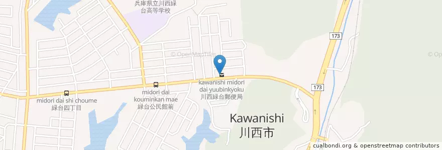 Mapa de ubicacion de 川西緑台郵便局 en Japan, Hyogo Prefecture, Kawanishi.