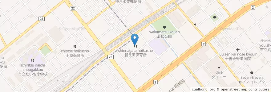Mapa de ubicacion de 新長田保育所 en 일본, 효고현, 고베 시, 須磨区, 長田区.