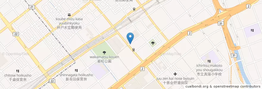 Mapa de ubicacion de 新長田駅前郵便局 en Jepun, 兵庫県, 神戸市, 長田区.