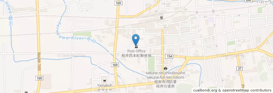 Mapa de ubicacion de 桜井西本町郵便局 en 日本, 奈良県/奈良縣, 桜井市.