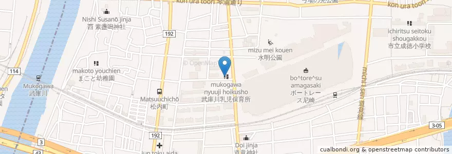 Mapa de ubicacion de 武庫川乳児保育所 en Japonya, 兵庫県, 尼崎市.