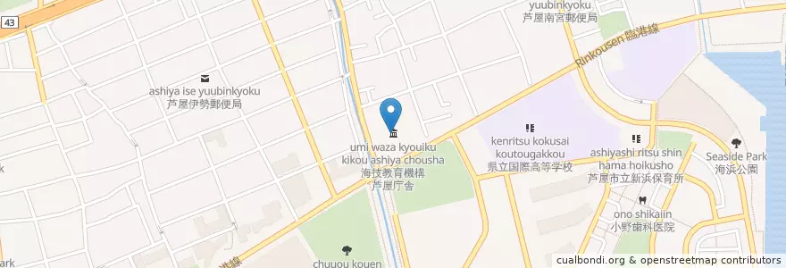 Mapa de ubicacion de 海技教育機構芦屋庁舎 en اليابان, 兵庫県, 芦屋市.