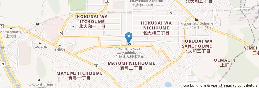 Mapa de ubicacion de 生駒北大和郵便局 en اليابان, 奈良県, 生駒市.