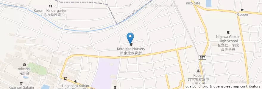 Mapa de ubicacion de 甲東北保育所 en Japonya, 兵庫県, 西宮市.