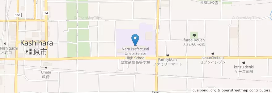 Mapa de ubicacion de 奈良県立畝傍高等学校 en 日本, 奈良県, 橿原市.