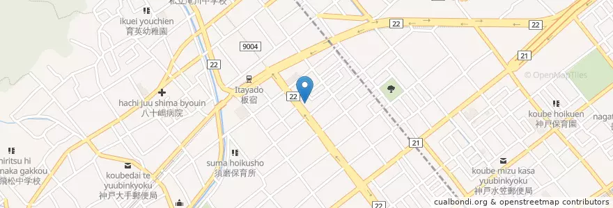Mapa de ubicacion de 神戸板宿郵便局 en 일본, 효고현, 고베 시, 須磨区, 長田区.