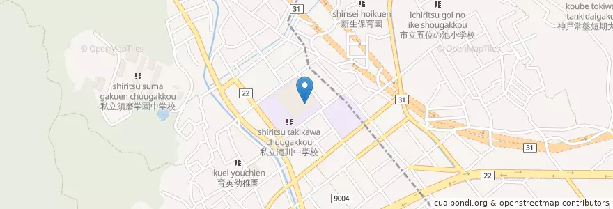 Mapa de ubicacion de 私立滝川中学校 en Jepun, 兵庫県, 神戸市, 須磨区, 長田区.