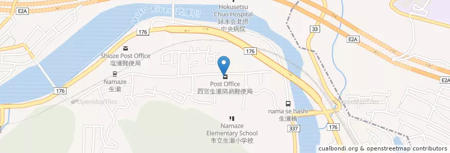 Mapa de ubicacion de 西宮生瀬簡易郵便局 en Japão, 兵庫県, 西宮市.