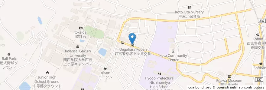 Mapa de ubicacion de 西宮警察署上ヶ原交番 en اليابان, 兵庫県, نيشينومايا.