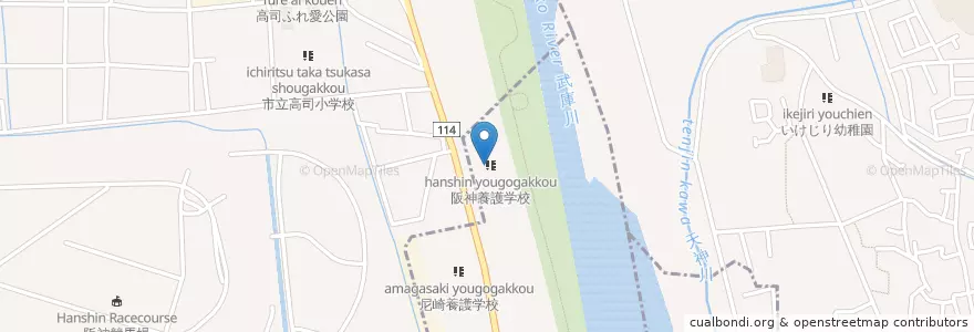 Mapa de ubicacion de 兵庫県立阪神特別支援学校 en 日本, 兵庫県, 宝塚市, 西宮市.