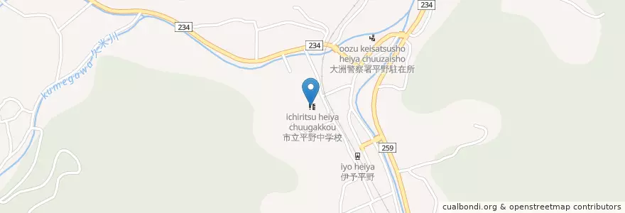 Mapa de ubicacion de 市立平野中学校 en Japón, Prefectura De Ehime, 大洲市.