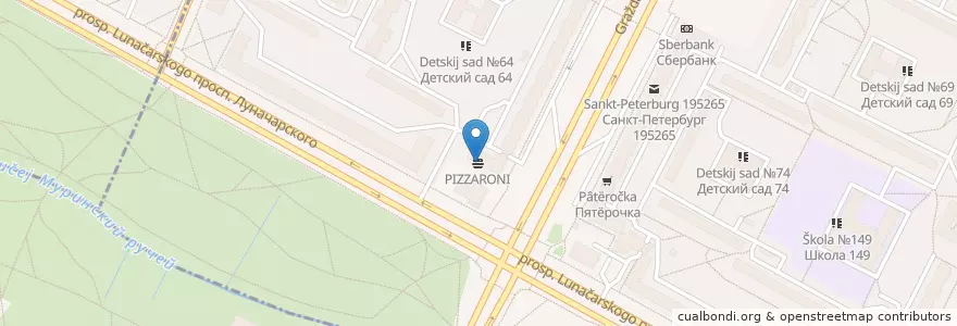 Mapa de ubicacion de PIZZARONI en 俄罗斯/俄羅斯, Северо-Западный Федеральный Округ, 列宁格勒州, Санкт-Петербург, Калининский Район, Округ № 21.