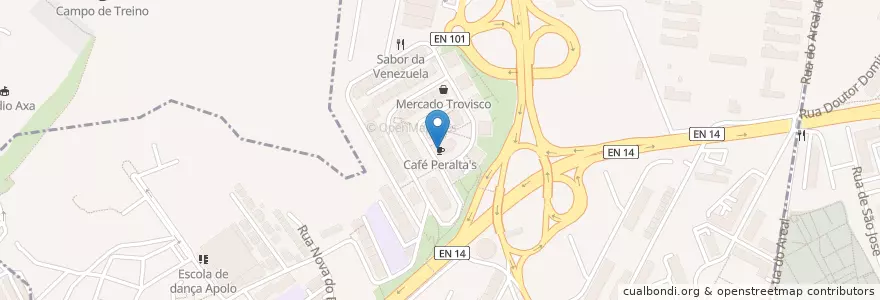 Mapa de ubicacion de Café Peralta's en البرتغال, المنطقة الشمالية (البرتغال), براغا, كافادو, براغا, São Vicente.